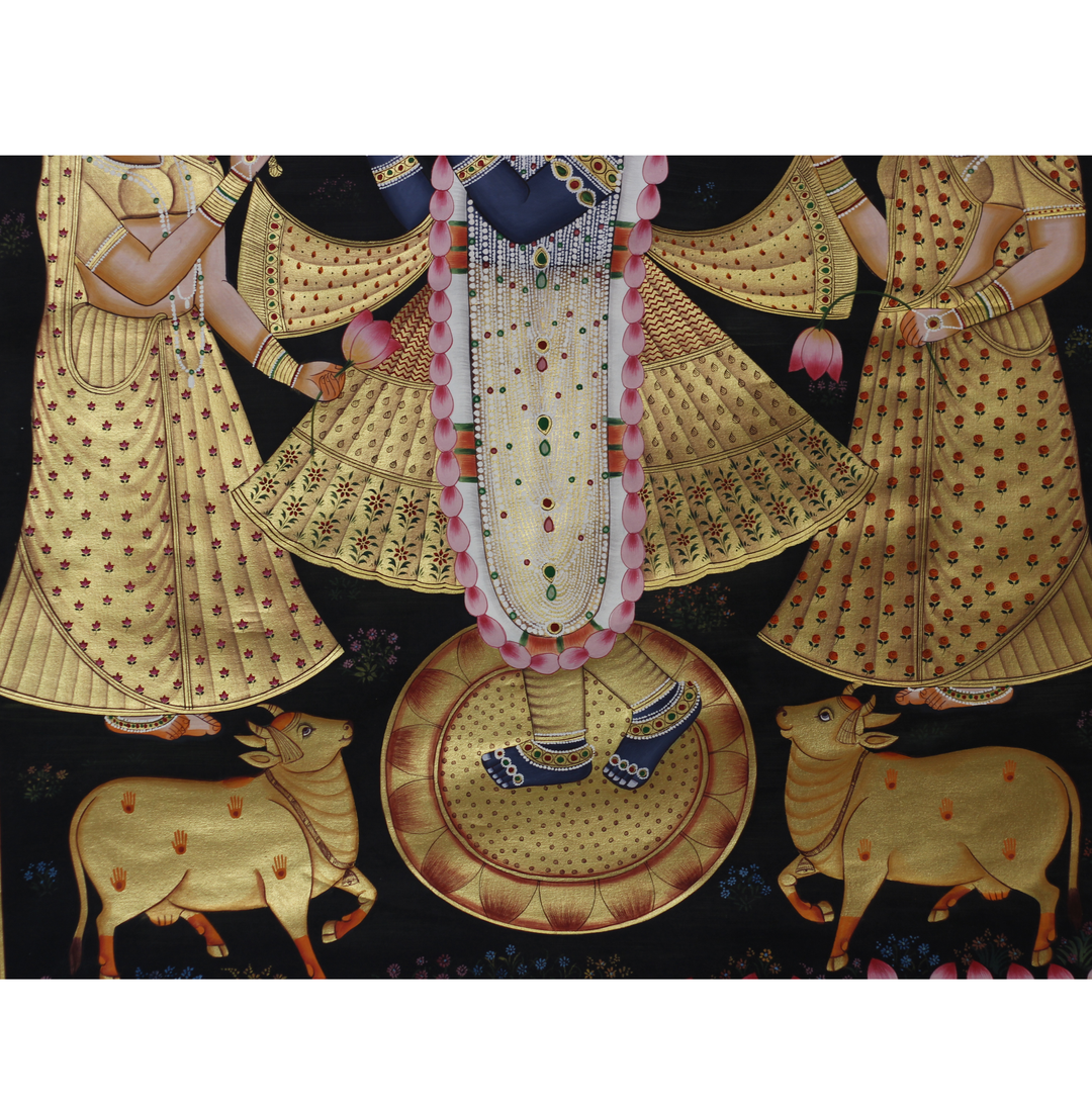 Shrinathji Krishna with Gopis and Cows – Golden Pichwai Painting