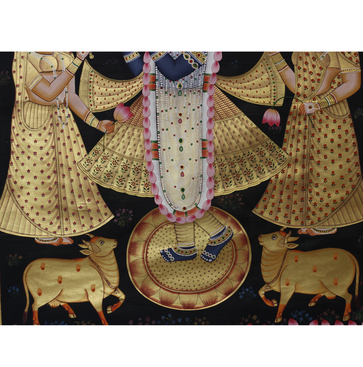 Shrinathji Krishna with Gopis and Cows – Golden Pichwai Painting