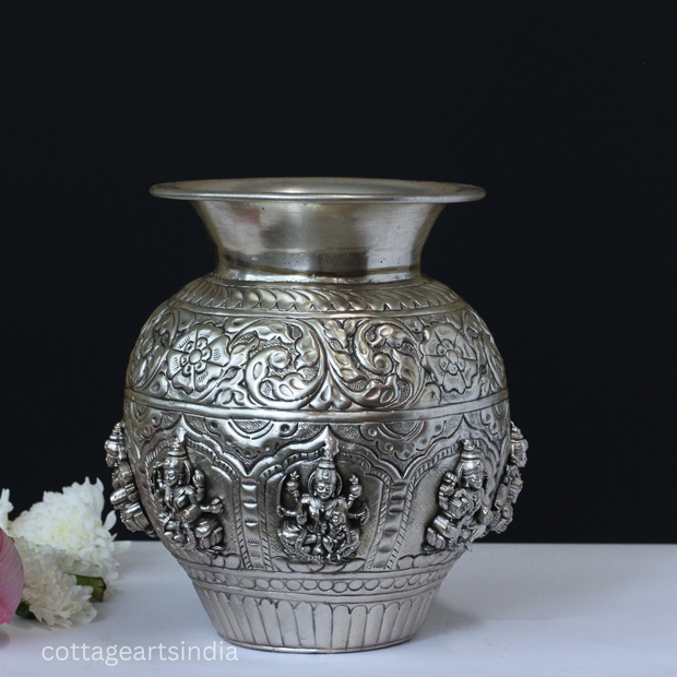 Silver Plated Brass Ashtalakshmi Kalash | Handcrafted Sacred Puja Vessel