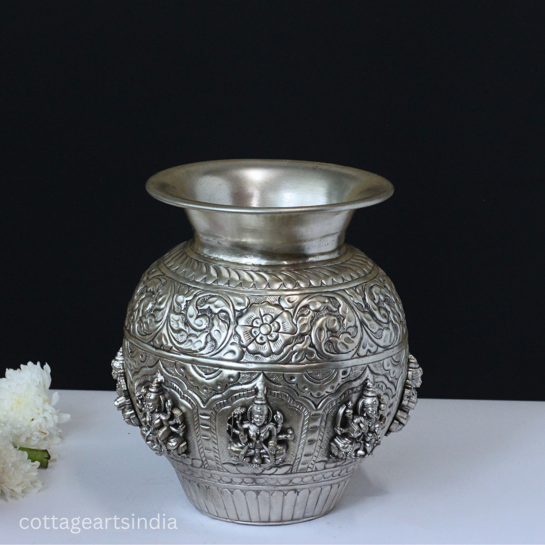 Silver Plated Brass Ashtalakshmi Kalash | Handcrafted Sacred Puja Vessel