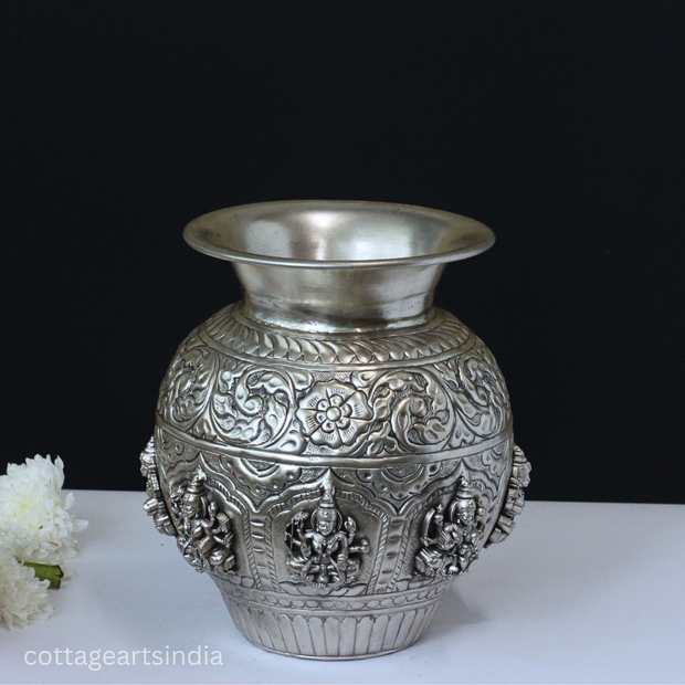 Silver Plated Brass Ashtalakshmi Kalash | Handcrafted Sacred Puja Vessel