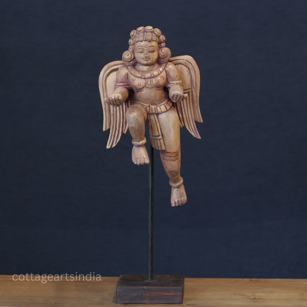 Woodcarved Gandharva Indian Angel Sculpture on Stand- Single