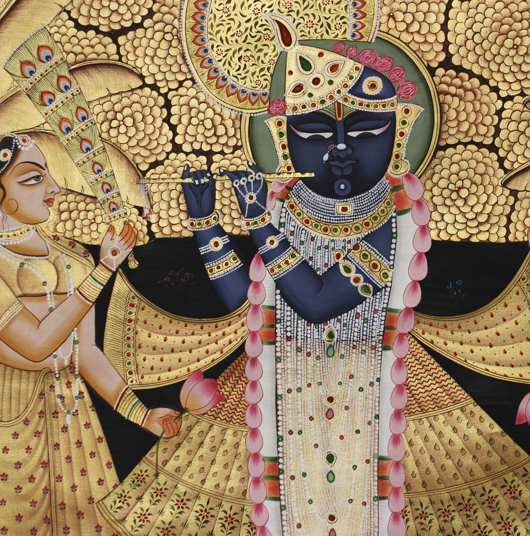 Shrinathji Krishna with Gopis and Cows – Golden Pichwai Painting