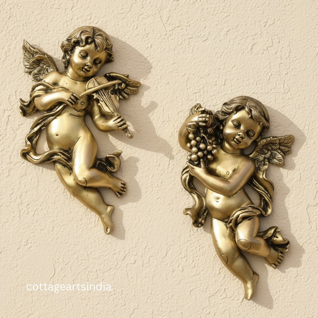 Handcrafted Angel Wall Sculpture Set | Antique Brass Cherub Wall Décor