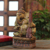 Handcrafted Sitting Wooden Ganesha Playing Violin