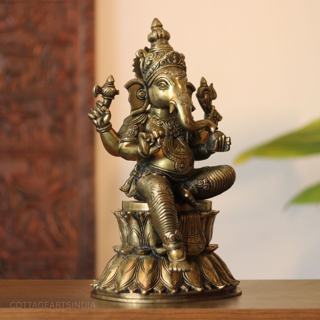 Seated Lotus Ganesha Brass Statue