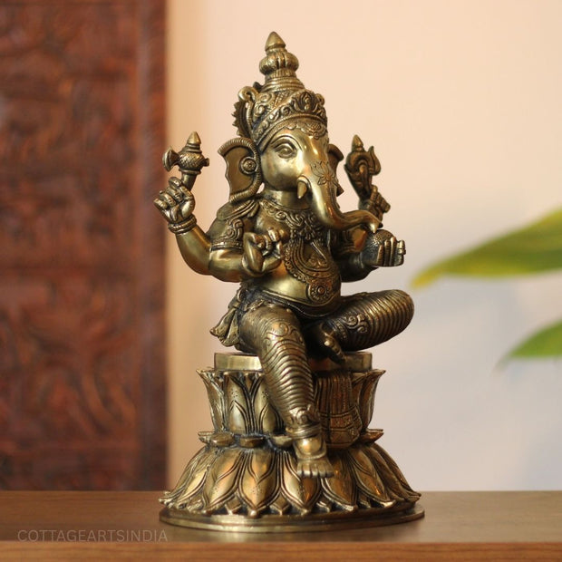Seated Lotus Ganesha Brass Statue