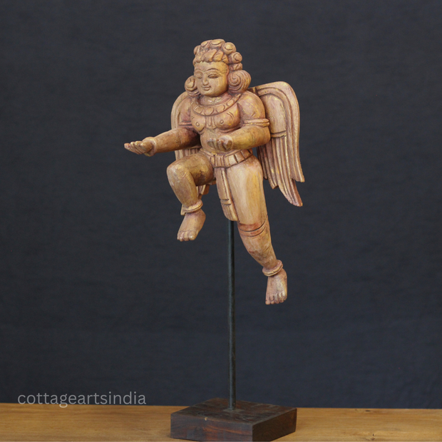 Woodcarved Gandharva Indian Angel Sculpture on Stand- Single