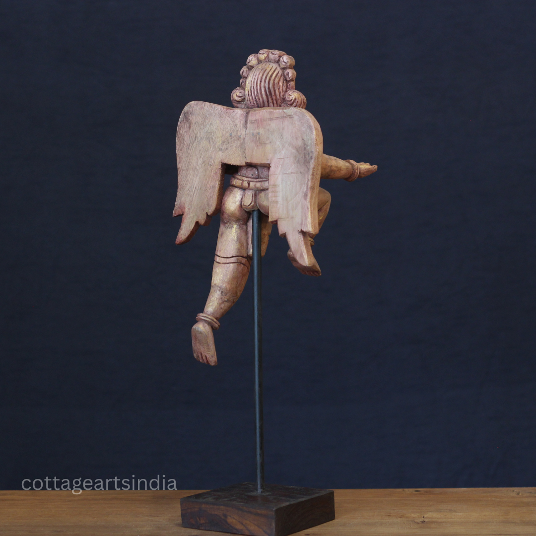 Woodcarved Gandharva Indian Angel Sculpture on Stand- Single