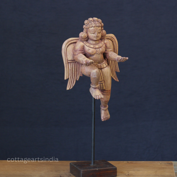 Woodcarved Gandharva Indian Angel Sculpture on Stand- Single