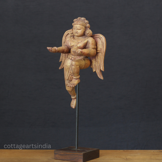 Woodcarved Gandharva Indian Angel Sculpture on Stand- Single
