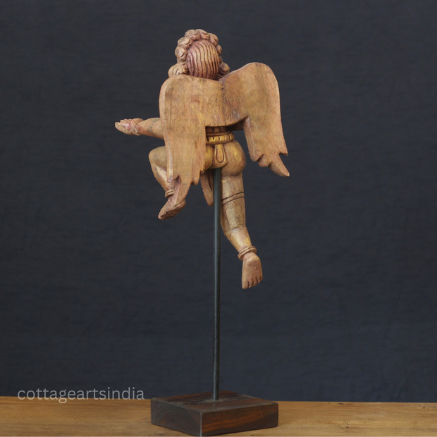 Woodcarved Gandharva Indian Angel Sculpture on Stand- Single