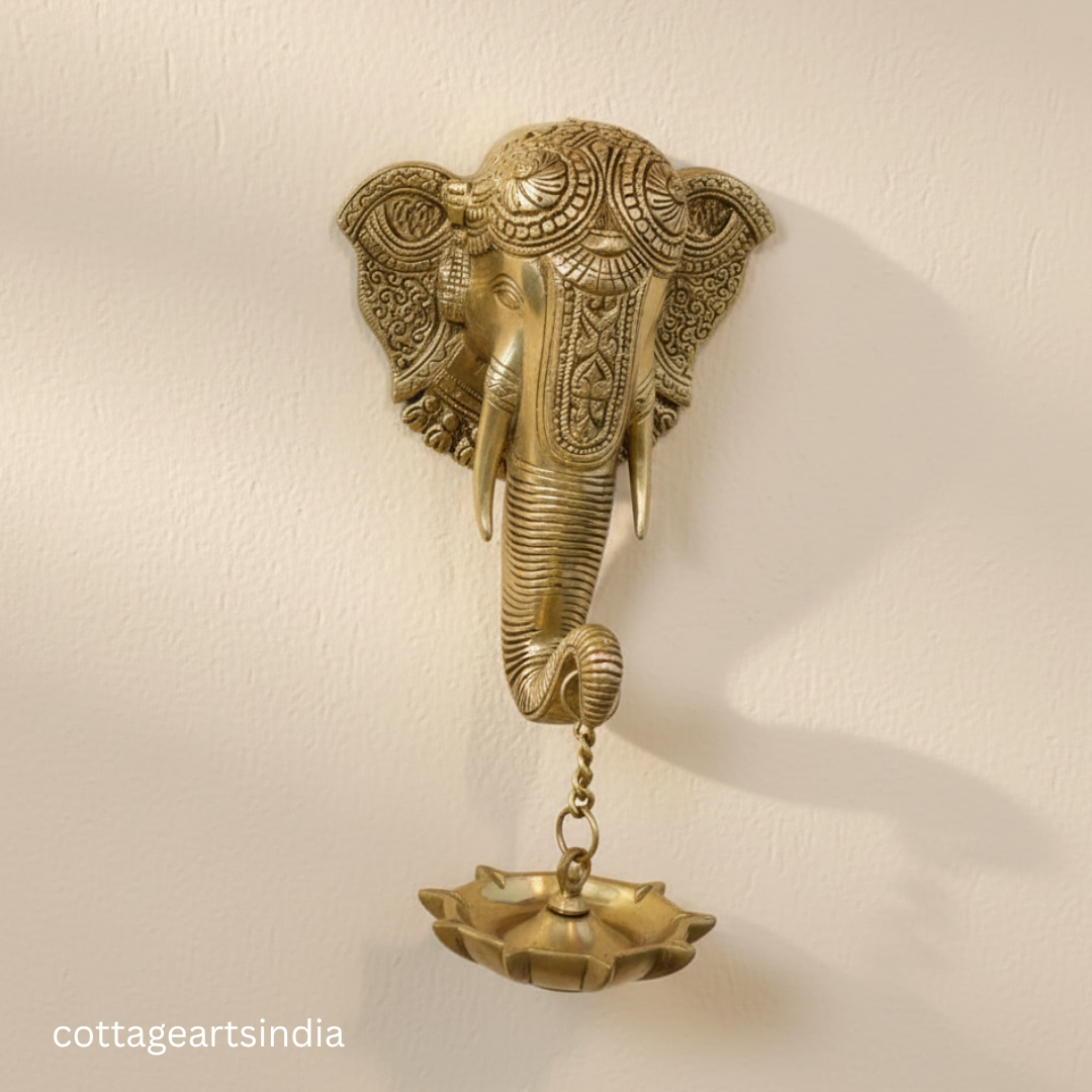 Handcrafted Brass Elephant Wall Hanging with Lotus Diya | Traditional Indian Wall Décor