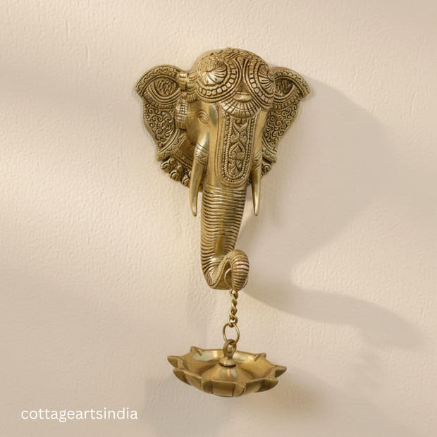 Handcrafted Brass Elephant Wall Hanging with Lotus Diya | Traditional Indian Wall Décor