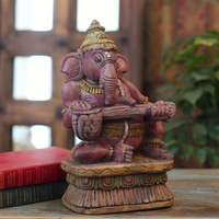 Handcrafted Sitting Wooden Ganesha Playing Veena