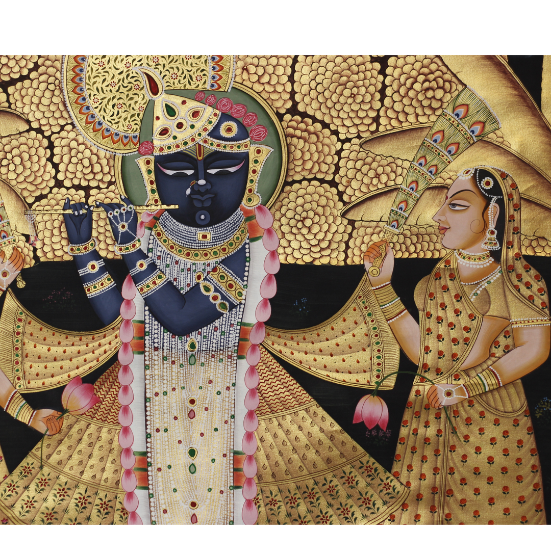 Shrinathji Krishna with Gopis and Cows – Golden Pichwai Painting