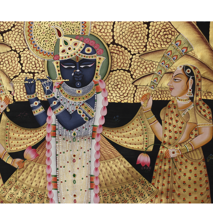 Shrinathji Krishna with Gopis and Cows – Golden Pichwai Painting