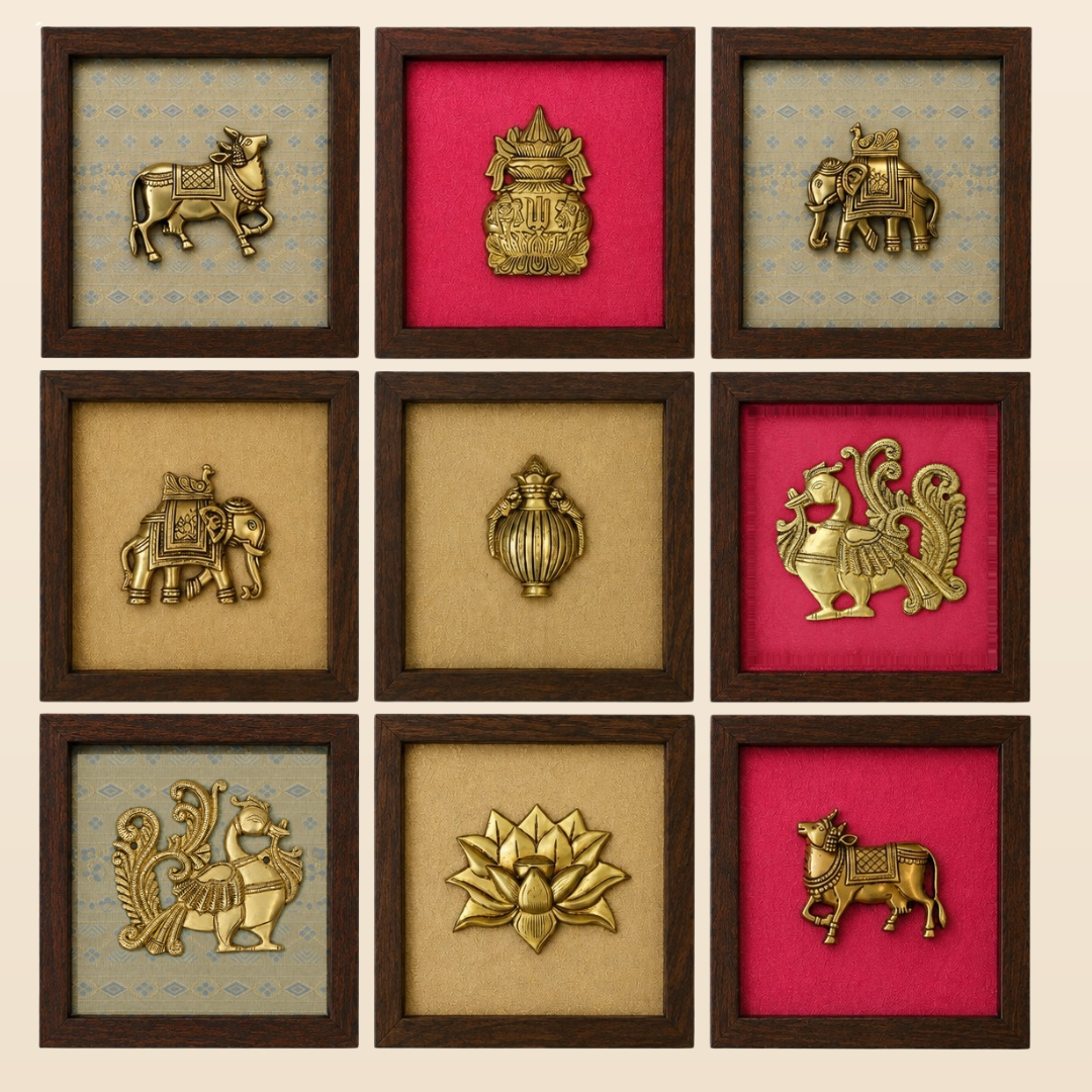 Set of Nine Brass Figurines Wooden Wall Frames