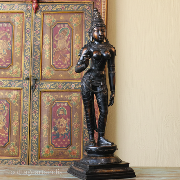 Handcrafted Uma Parvati Sculpture 27" | Chola Inspired South Indian Goddess Statue