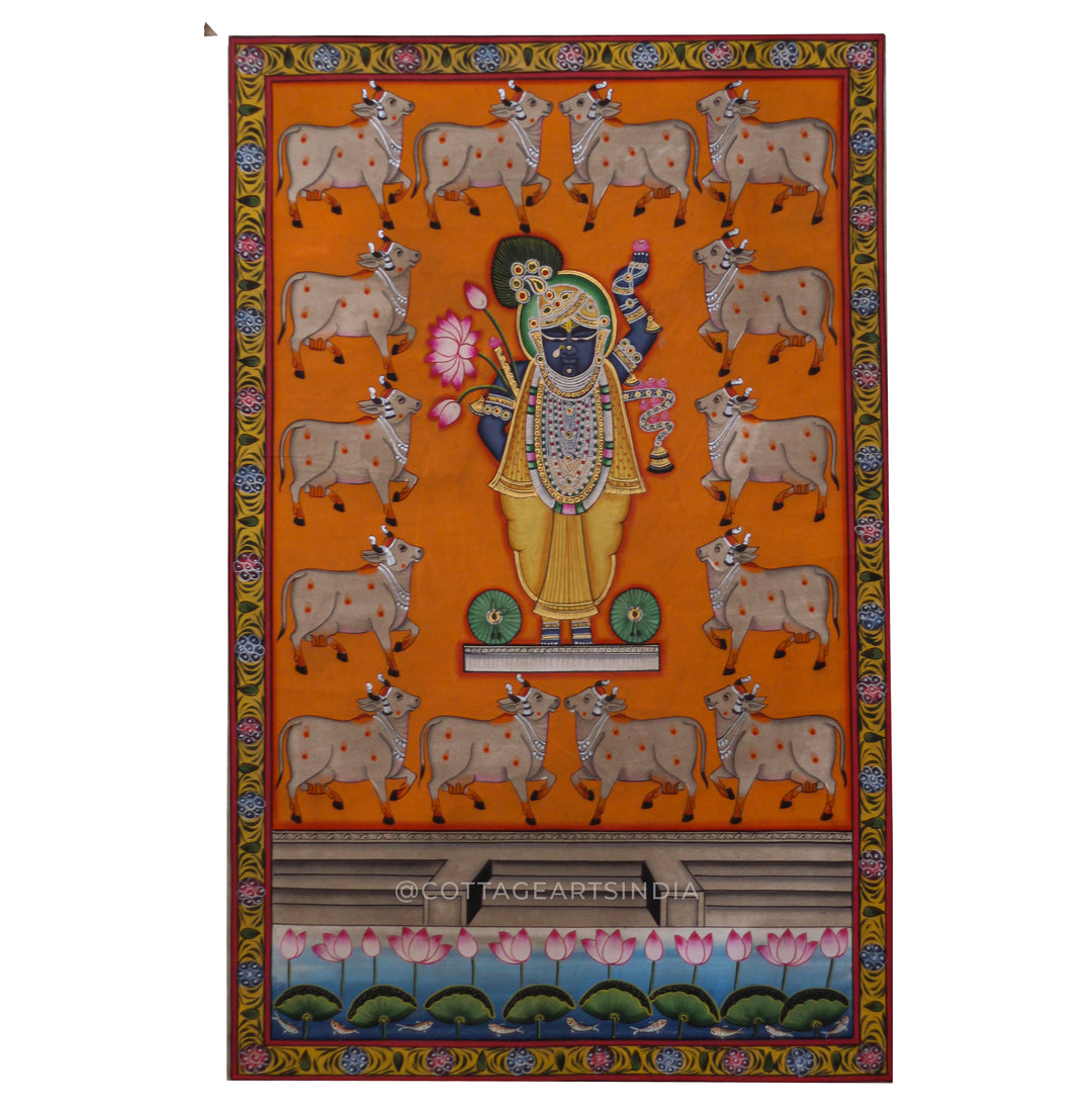 Shrinathji with Sacred Cows on Kesariya Bhumi – Nathdwara Pichwai