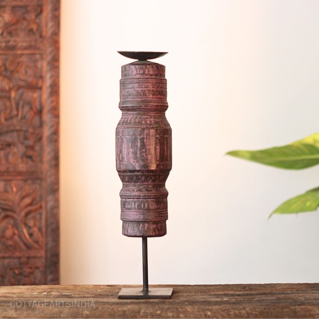 Vintage Wooden Pillar Candle Holder | Rustic Handcrafted Heritage Décor