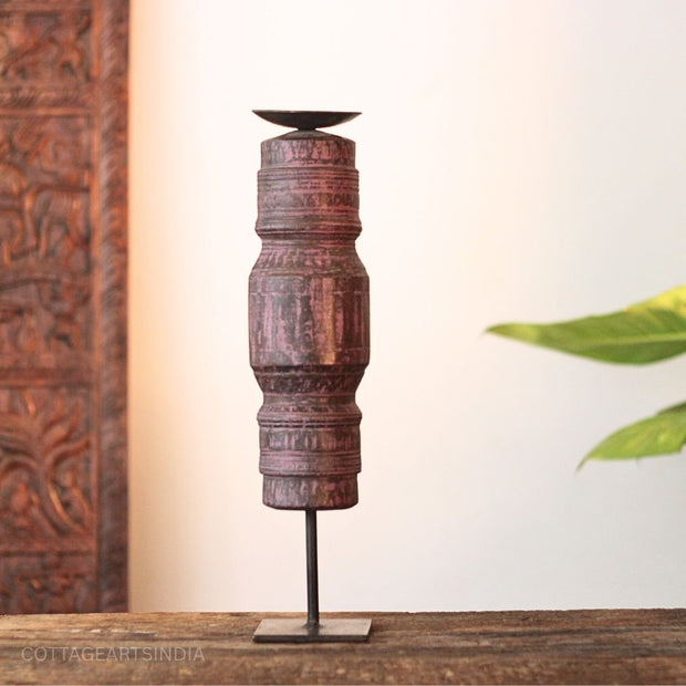 Vintage Wooden Pillar Candle Holder | Rustic Handcrafted Heritage Décor