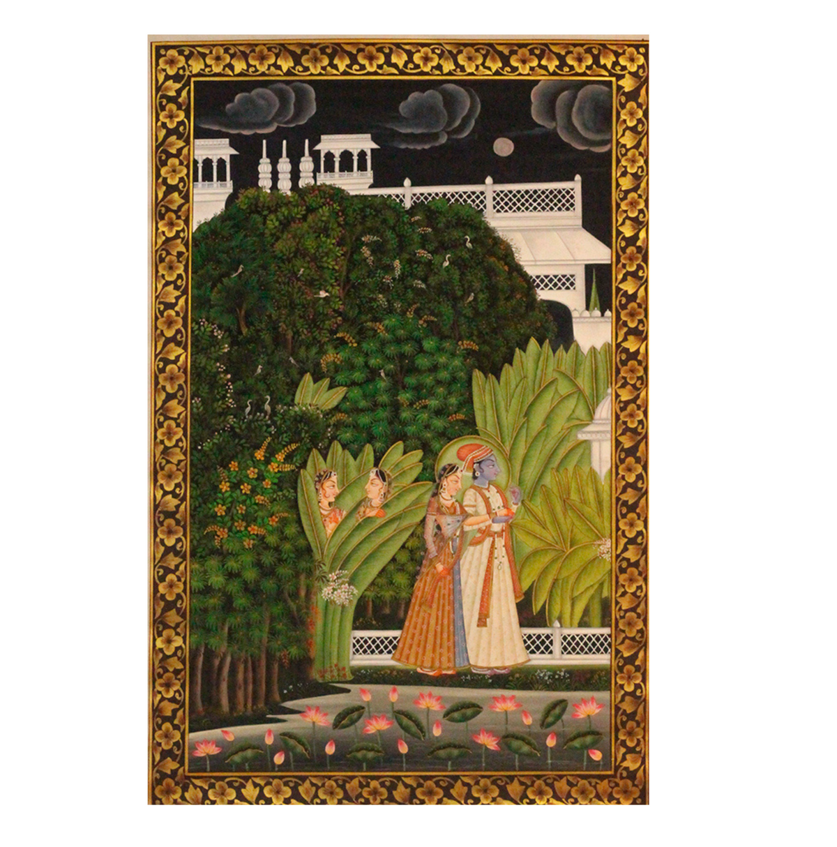 Traditional Indian Miniature Painting of Radha Krishna in Palace Garden