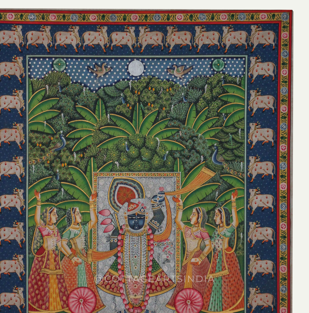 Traditional Pichwai Painting - Shrinathji in Moonlit Vrindavan Forest with Sacred Cow Border