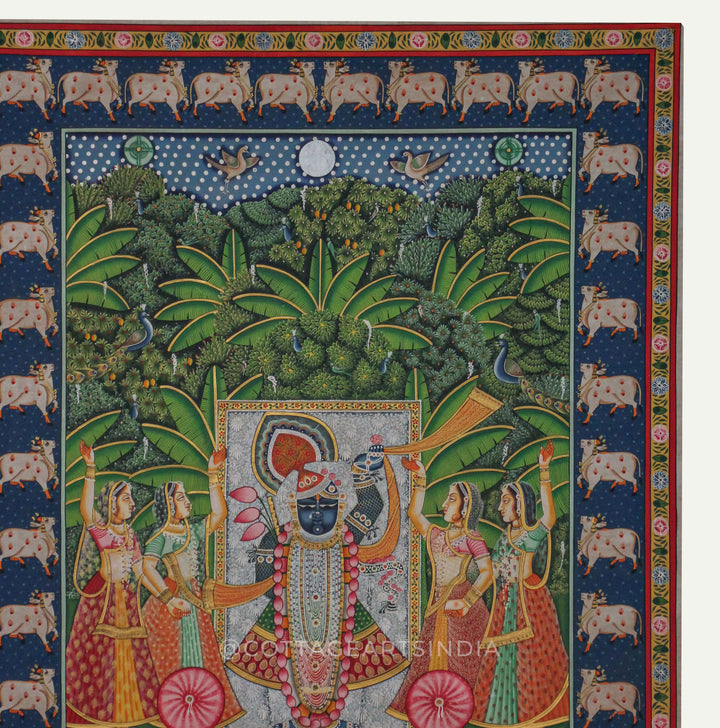 Traditional Pichwai Painting - Shrinathji in Moonlit Vrindavan Forest with Sacred Cow Border