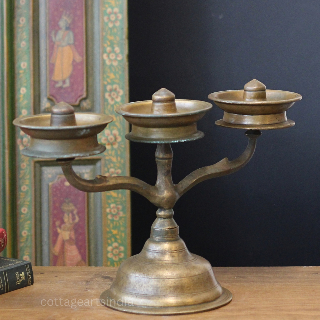 Brass Vintage Kavara Vilakku – 3 Branched Traditional Oil Lamp