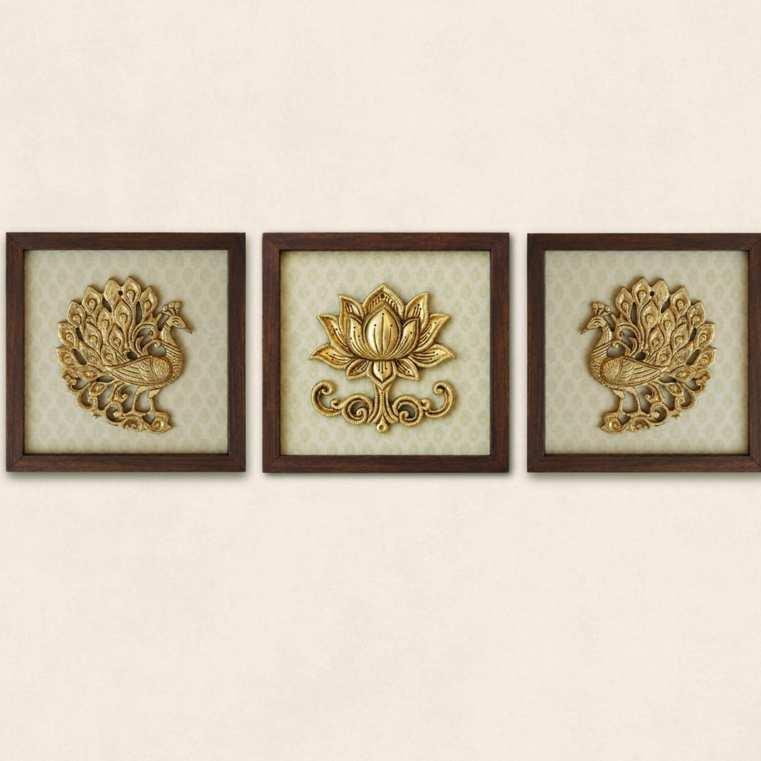 Set of Three Brass Peacock And Lotus Wall Frames