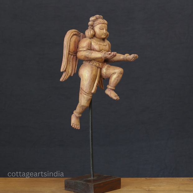 Woodcarved Gandharva Indian Angel Sculpture on Stand- Single