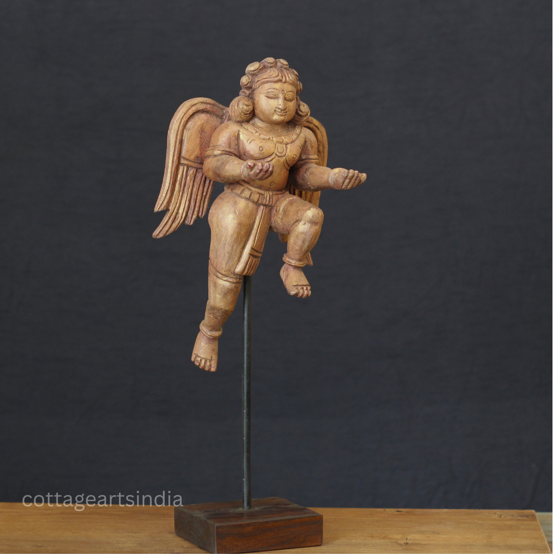 Woodcarved Gandharva Indian Angel Sculpture on Stand- Single