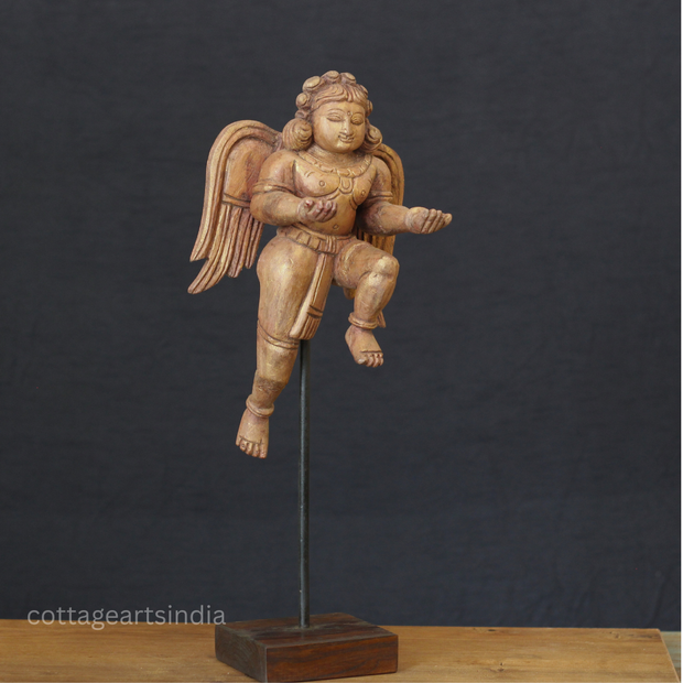 Woodcarved Gandharva Indian Angel Sculpture on Stand- Single