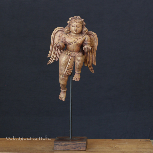 Woodcarved Gandharva Indian Angel Sculpture on Stand- Single
