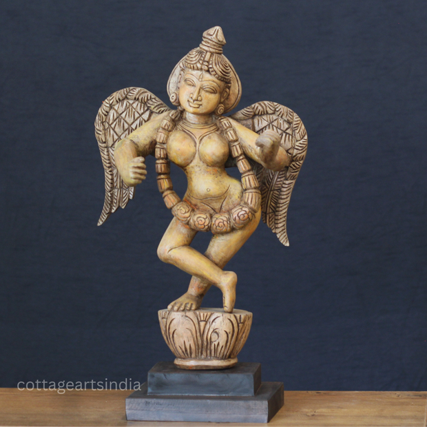 Hand-Carved Wooden Winged Angel Figure | Single