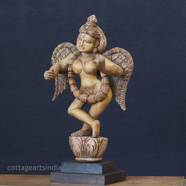 Hand-Carved Wooden Winged Angel Figure | Single