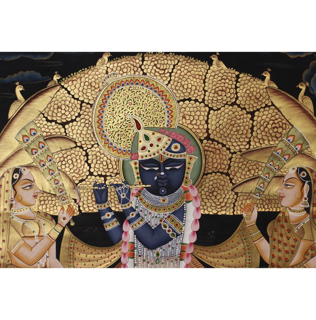 Shrinathji Krishna with Gopis and Cows – Golden Pichwai Painting