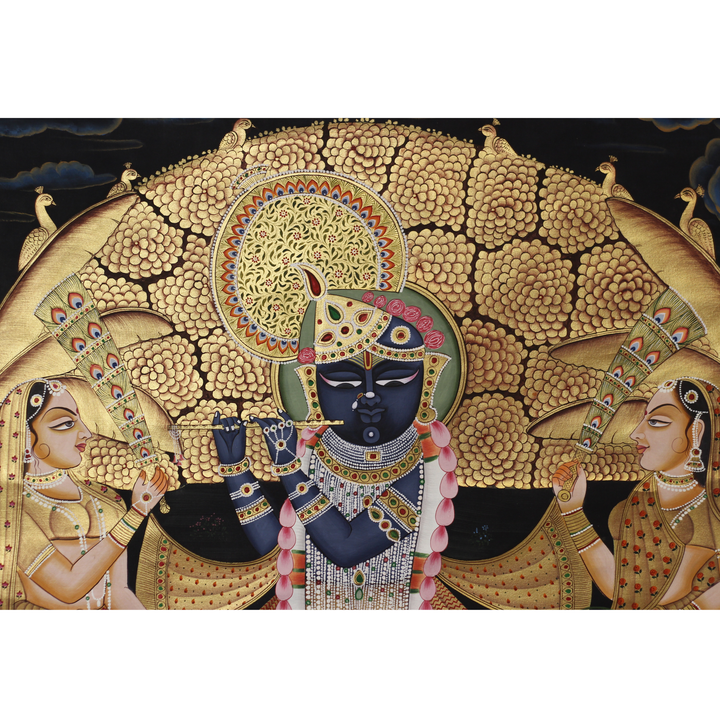 Shrinathji Krishna with Gopis and Cows – Golden Pichwai Painting