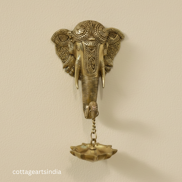 Handcrafted Brass Elephant Wall Hanging with Lotus Diya | Traditional Indian Wall Décor
