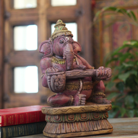 Handcrafted Sitting Wooden Ganesha Playing Veena