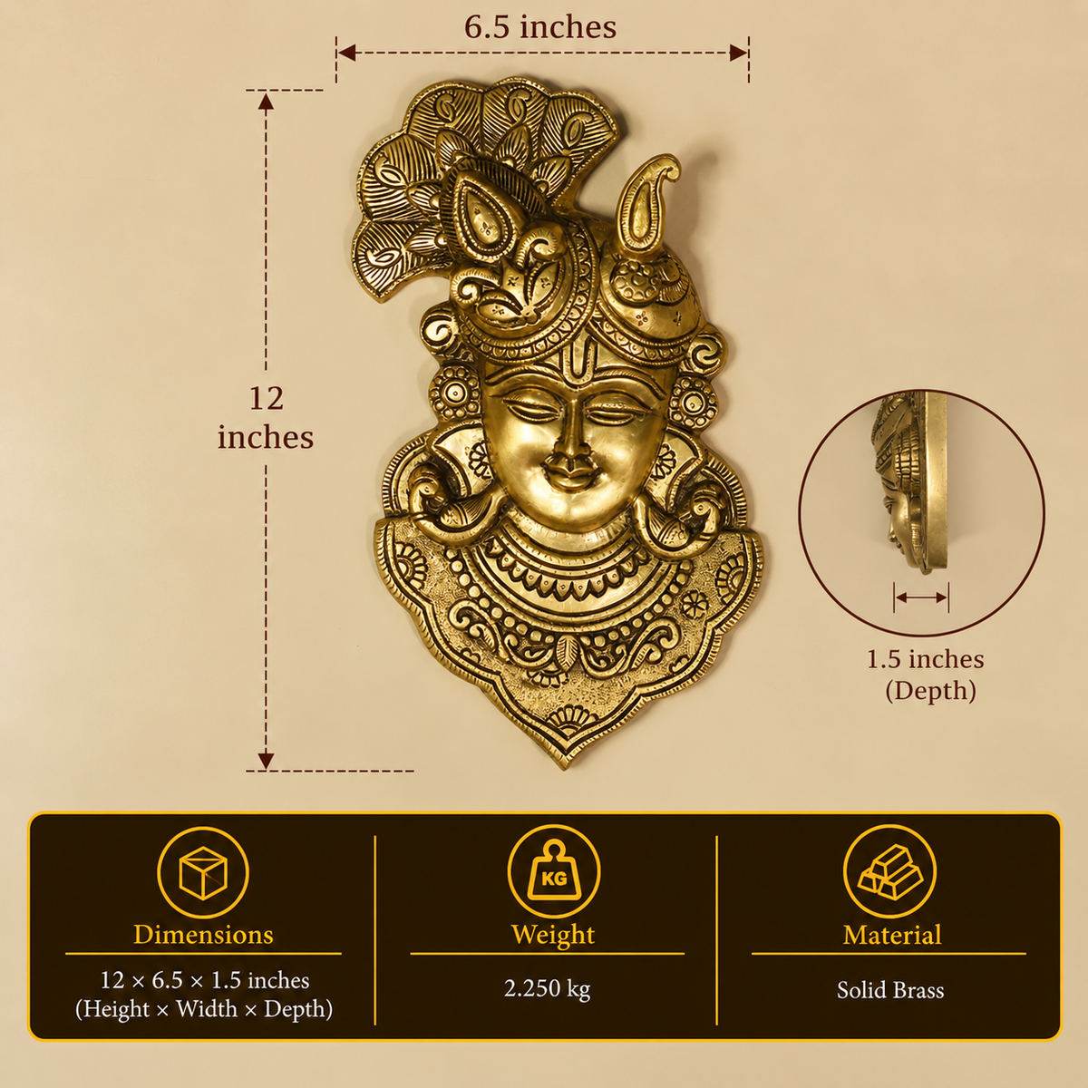 Brass Krishna Mask Wall Hanging