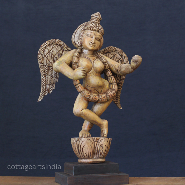 Hand-Carved Wooden Winged Angel Figure | Single