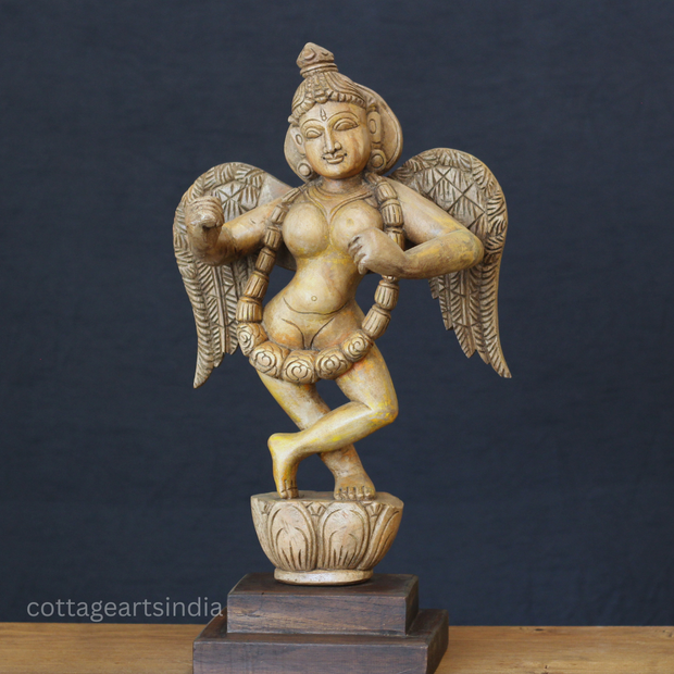 Hand-Carved Wooden Winged Angel Figure | Single