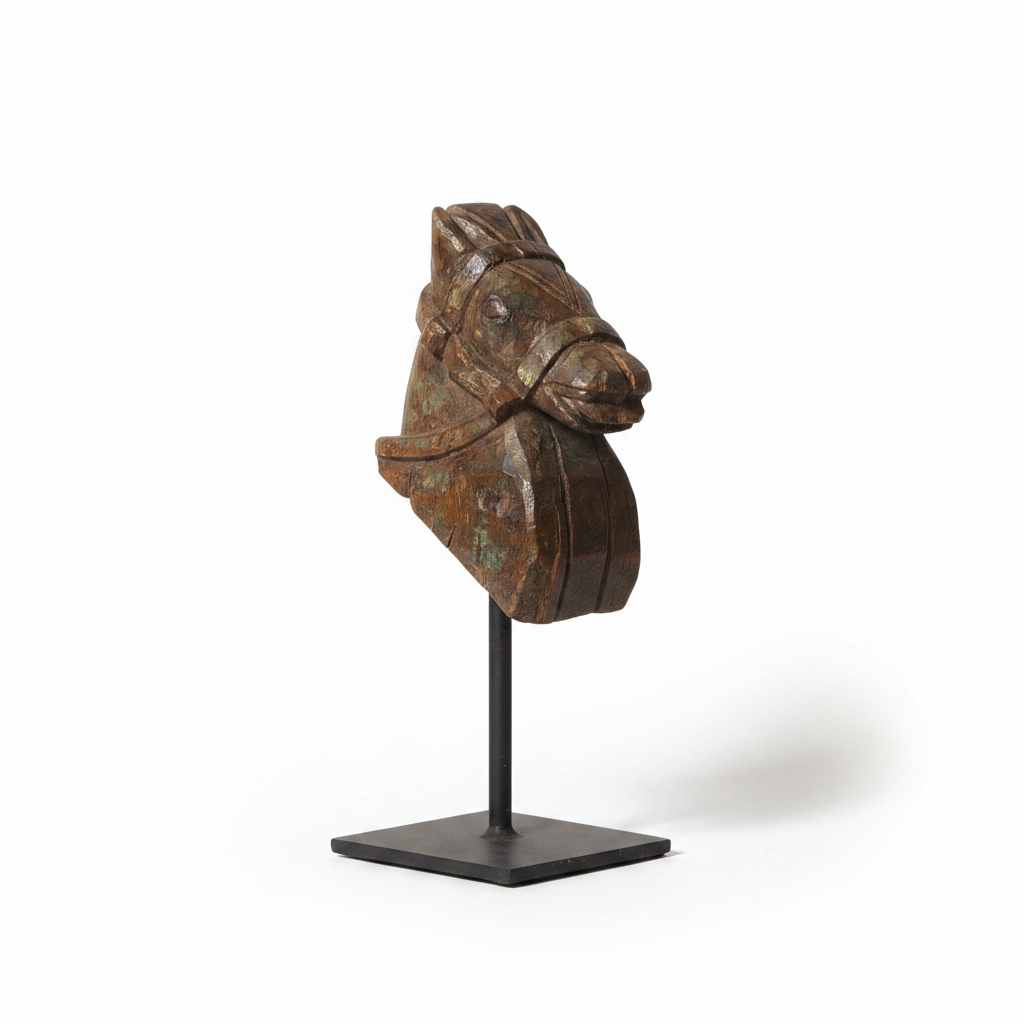 Vintage Handcarved Wooden Horse Head Sculpture on Stand