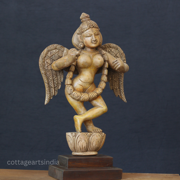 Hand-Carved Wooden Winged Angel Figure | Single