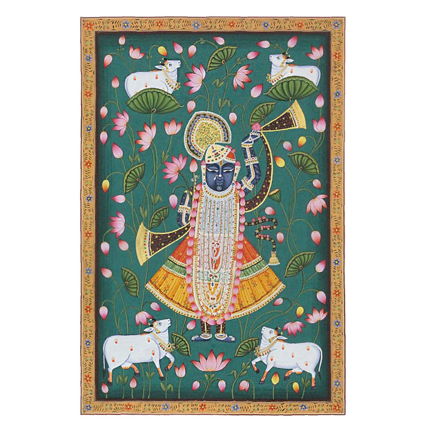 Hand-Painted Shrinathji Lotus Pichwai Painting | Nathdwara Devotional Art