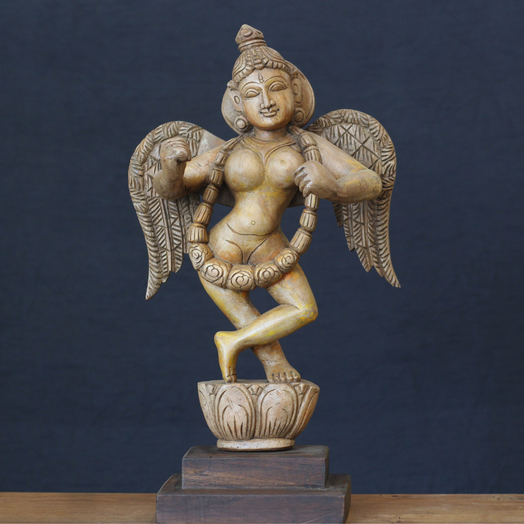 Hand-Carved Wooden Winged Angel Figure | Single