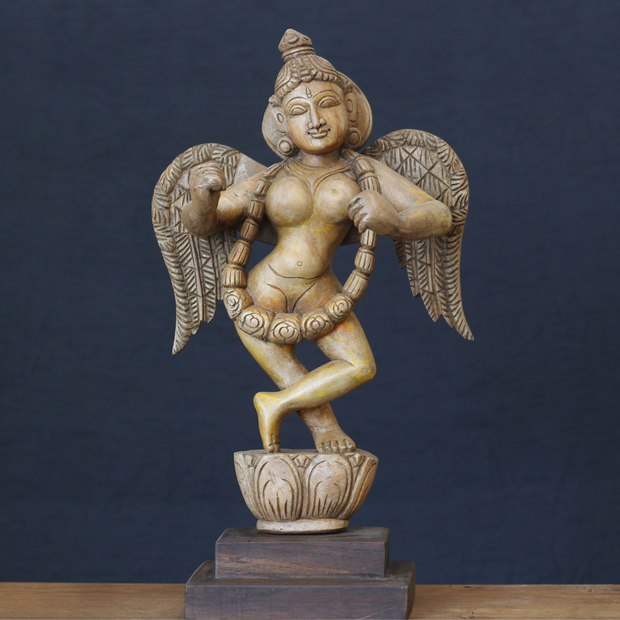 Hand-Carved Wooden Winged Angel Figure | Single