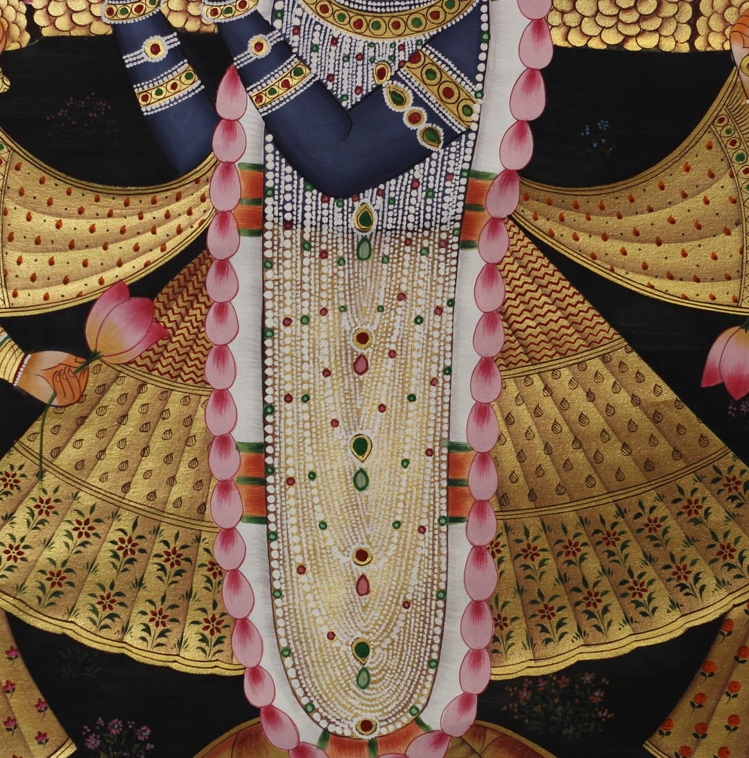 Shrinathji Krishna with Gopis and Cows – Golden Pichwai Painting